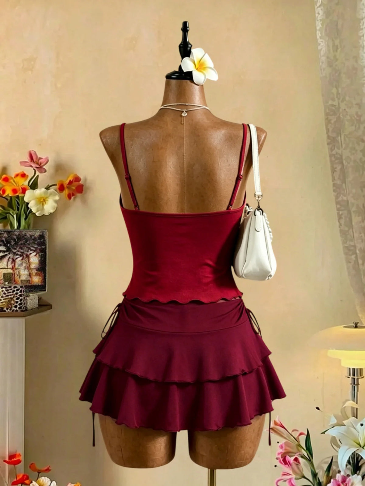 Women 2 Piece Outfit V Neck Knot Front Cami Top + High Waist Tie Side Ruffle Mini Skirt Y2K Sexy Vacation Party Matching Set