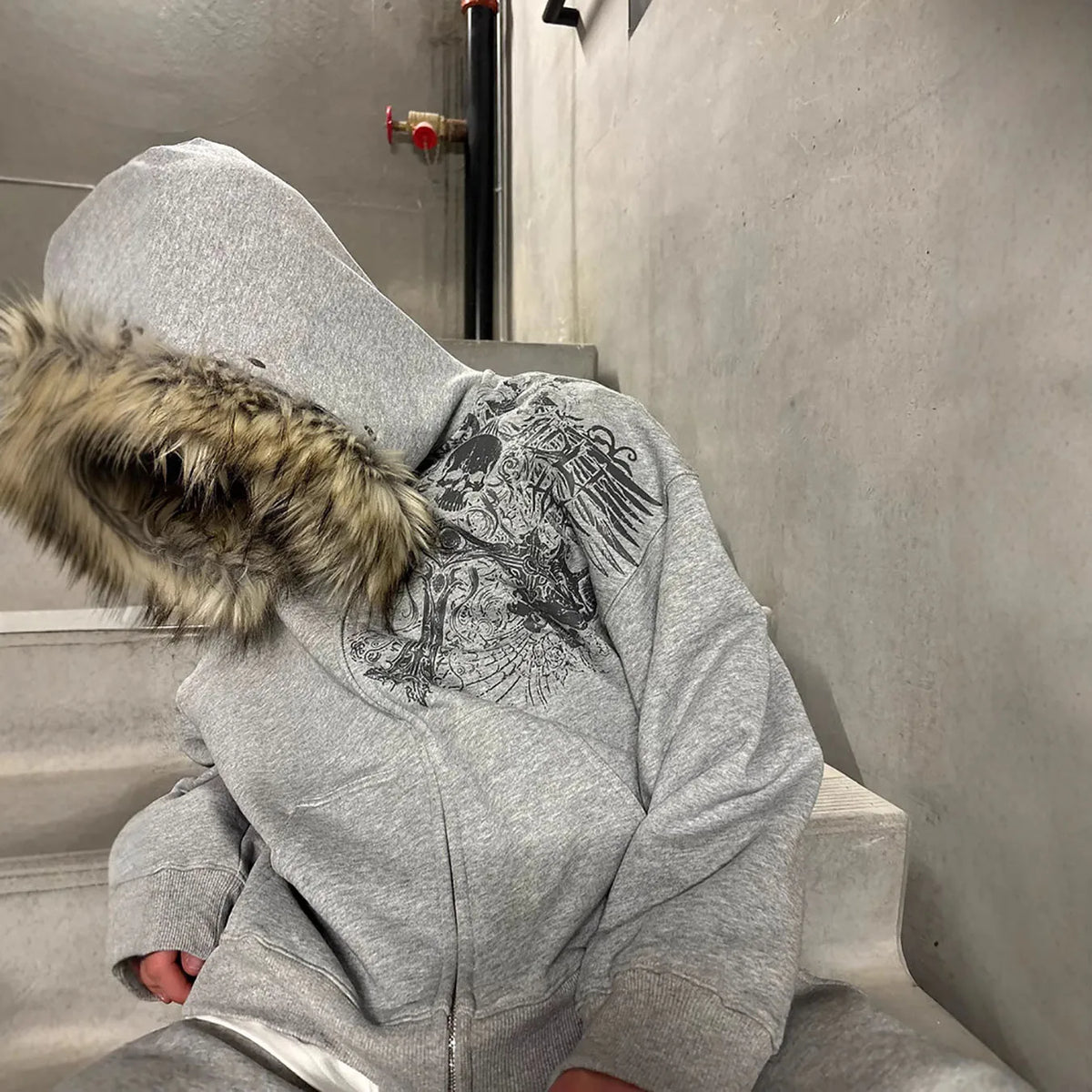 Autumn and Winter New Y2K Trendy Personalized Printed Pattern Long Sleeve Hoodie Retro Fluffy Hat Hoodie Jacket