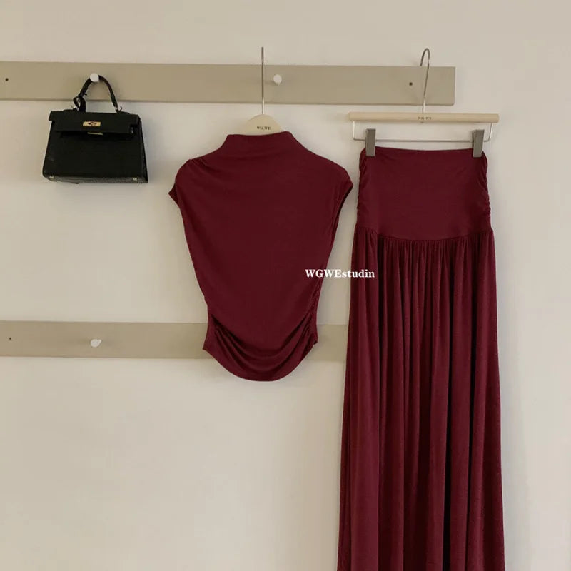 Elegant Women's Two-Piece Set Elastic Slim Fit Sleeveless T-Shirt Top Long Dress Casual Style Spring Summer Fashion Ensemble