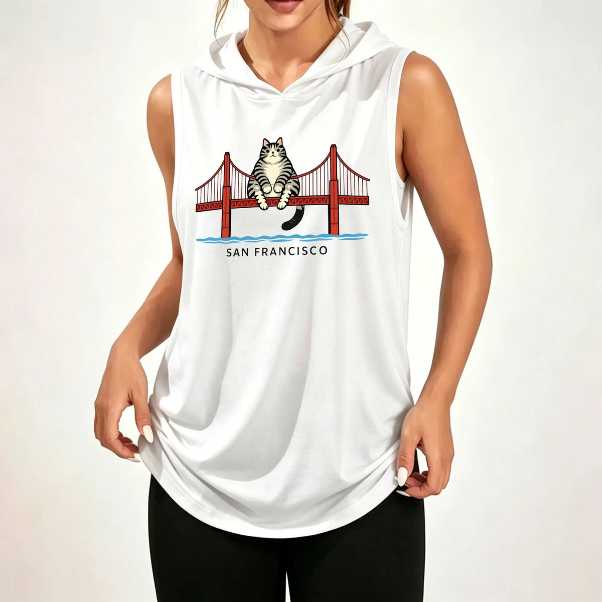 Women Sleeveless Hooded Tank Top Cat Golden Gate Bridge San Francisco Graphic Print Vest Casual Loose Sleeveless Hoodie Daily Wear Hood Tank Tops ****