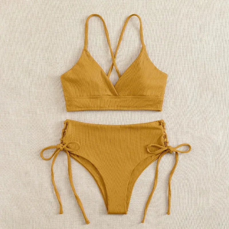 Solid Bikini Set Swimsuit Women V Neck Backless Lace Up High Cut Thong Split Bathing Suit 2025 Beach Swimwear 2 Piece Sets