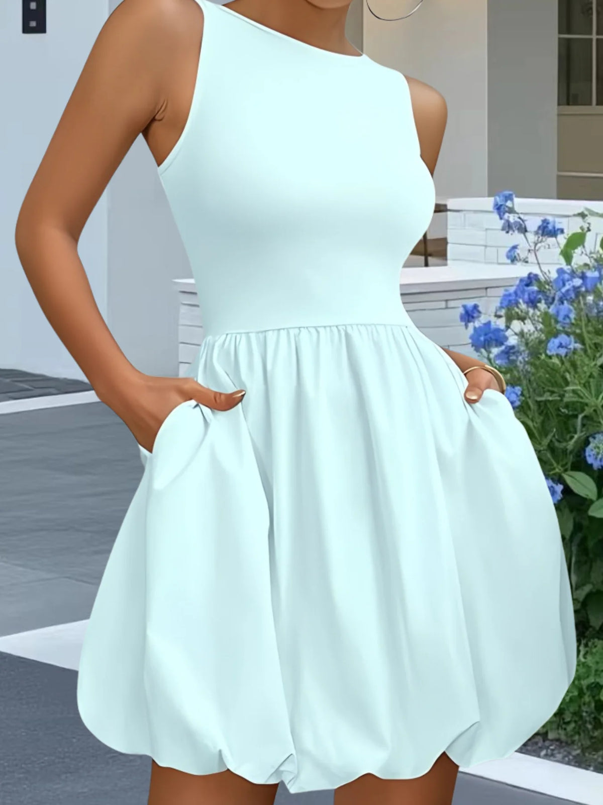 Elegant Ladies Crew Neck Sleeveless Short Dress High Waist Gathered Bubble Skirt With Pockets Slim Fit Solid Casual Summer Holid