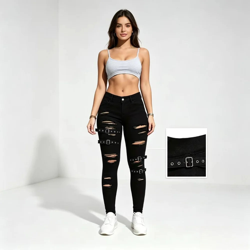 Black Ripped Strap Jeans Female, Punk Functional Wind High Waist Elastic Slim Small Feet Spice Girls Leggings
