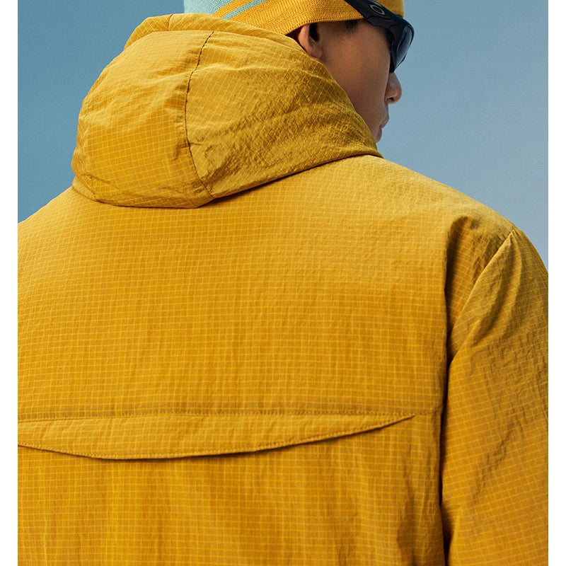 Unisex 90% White Duck Down Pullover – Lightweight Water-Repellent Half-Zip Hooded Jacket with Textured Grid Fabric Hiking Travel