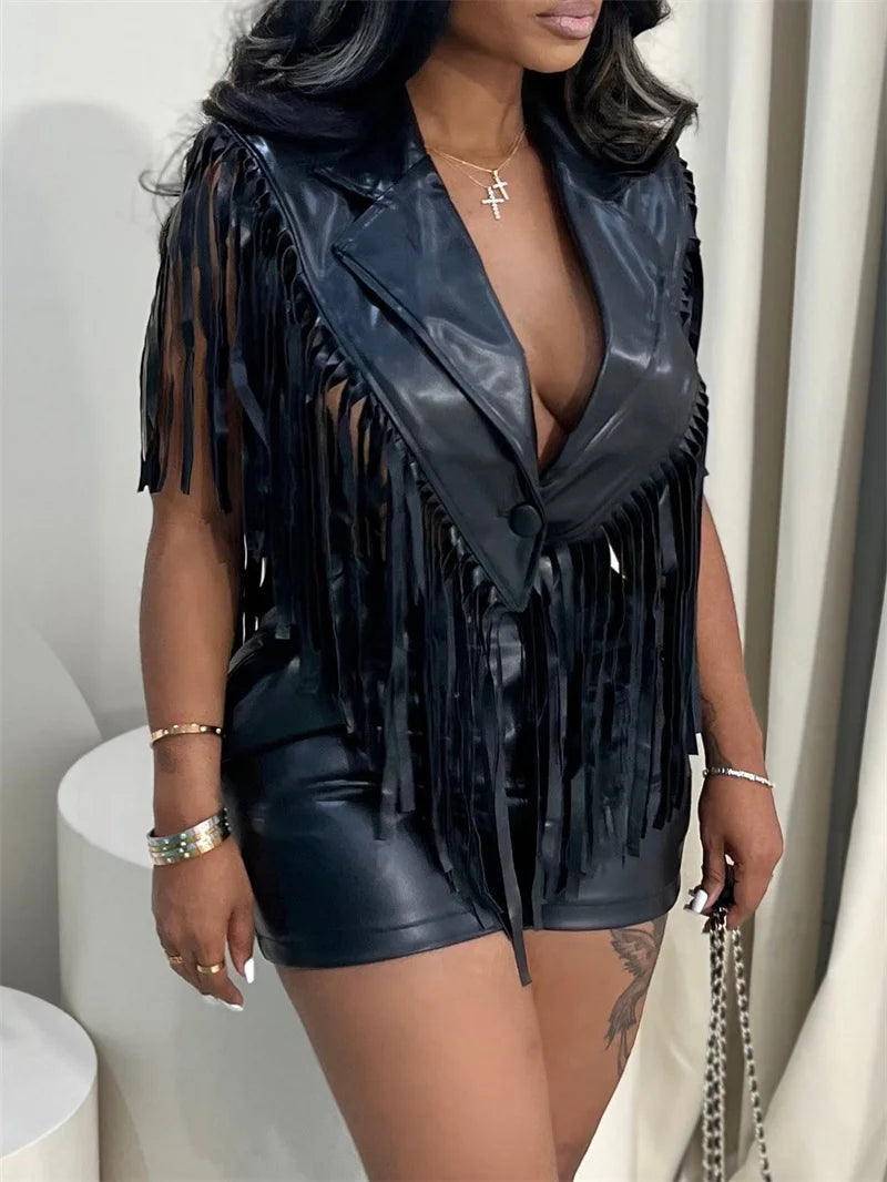Doyerl PU Faux Leather Two Piece Set Women 2026 Streetwear Tassel Single-breasted Vest Top and Shorts in Matching Sets