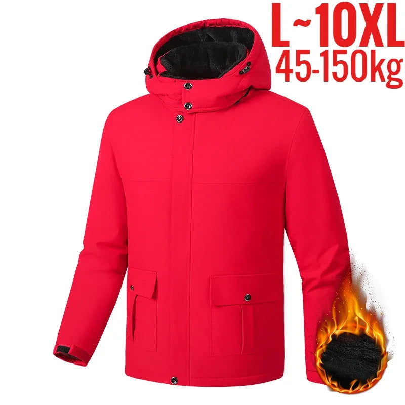 Coat Thick Waterproof Padded Big Size Winter Jacket Men Hooded Zip Up Padding Male Waterproof Padded Coat Fur Fleece-lined Warm Thick Windbreaker Plus 10XL