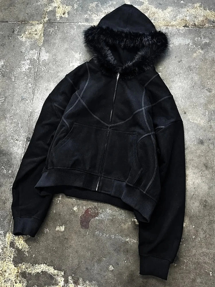 Dark Gothic Solid Color Plush Hat Collar High Street Hip Hop Long Sleeve Hoodies 2000s Autumn Winter Warm Windproof Loose Coat