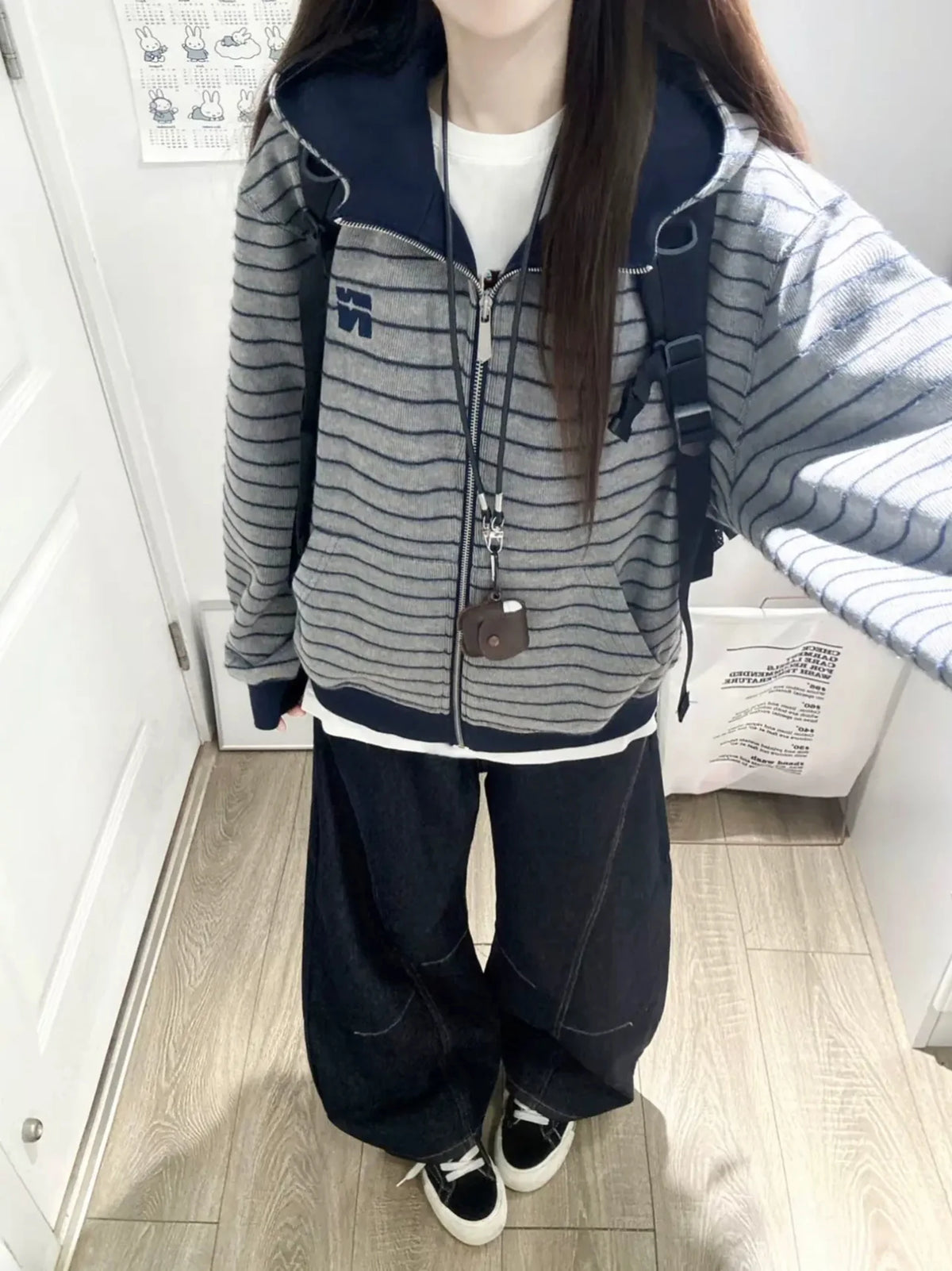 Sweatshirt Retro American Striped Embroidered Open Cardigan Sweatshirt Women Loose Lazy Style Couple Hooded Spring Autumn Trendy Jacket