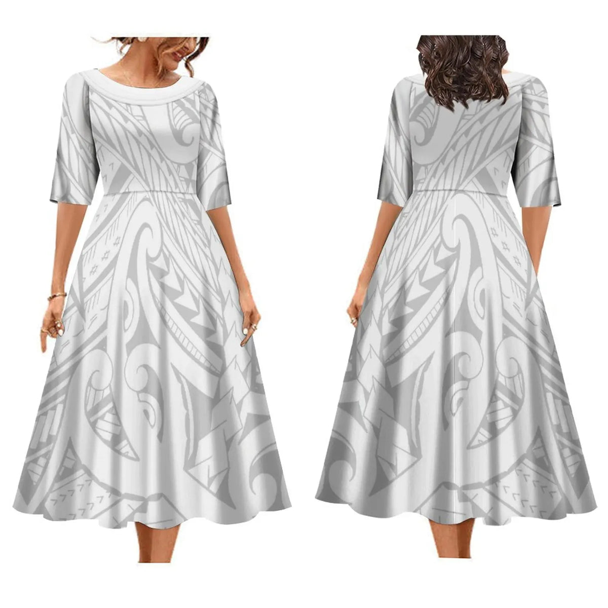Hot Selling Custom Mother's Day Gift White Sunday Design Polynesian Tribal Printed Midi Dress Summer Hawaiian Dresses Vestidos