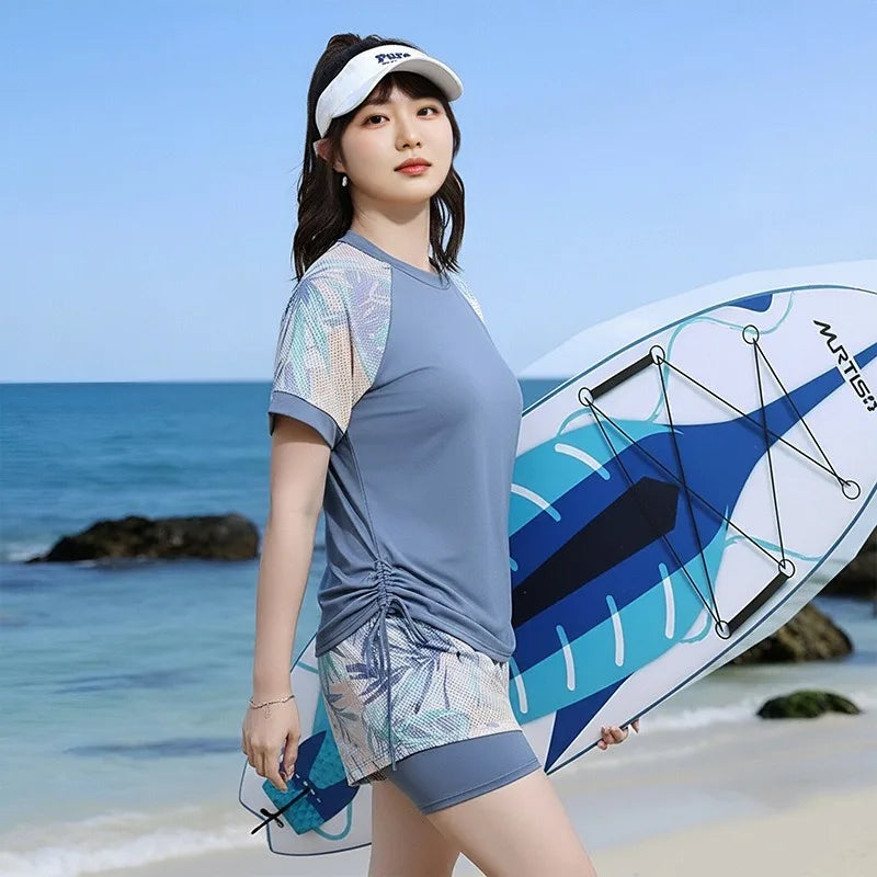 Tankini Set Tropical Print Raglan Short Sleeve Drawstring Side Top With Double Layer Shorts Sporty Beach Bathing Suit Swimwear