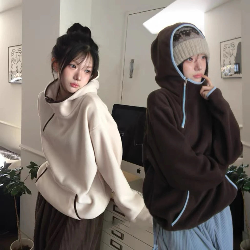 Sweatshirt Warm Fleece Hoodie Women's Color Block Retro Functional Neutral Winter Sweatshirt Dongda Gate New Arrival 2026 Cold Proof