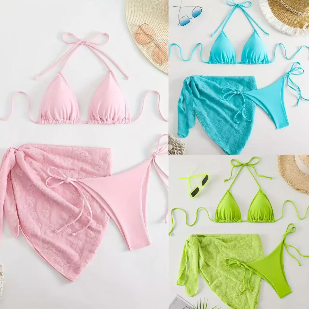 Sexy Solid Color Bandage 3Pcs Triangle Bikinis Set Women Three-Piece Swimwear Beach Swim Wear Bathing Suits Brazilian Bikini