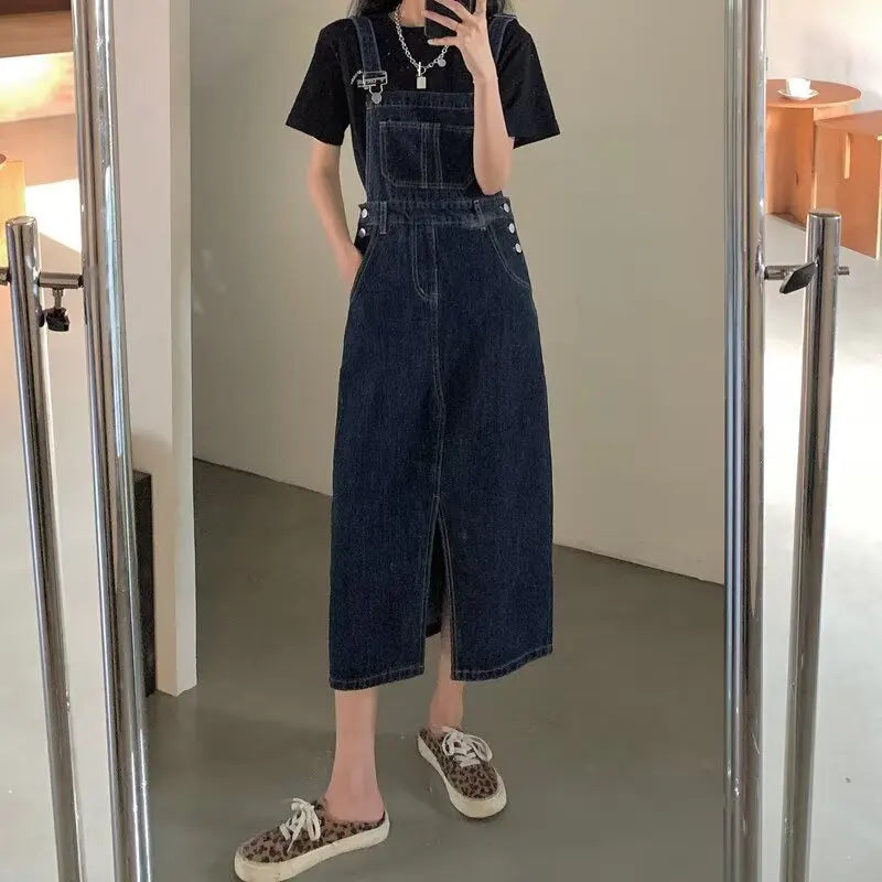 Split denim shoulder strap skirt for women in spring and autumn, loose, high waisted, medium to long style, plus size, chubby li
