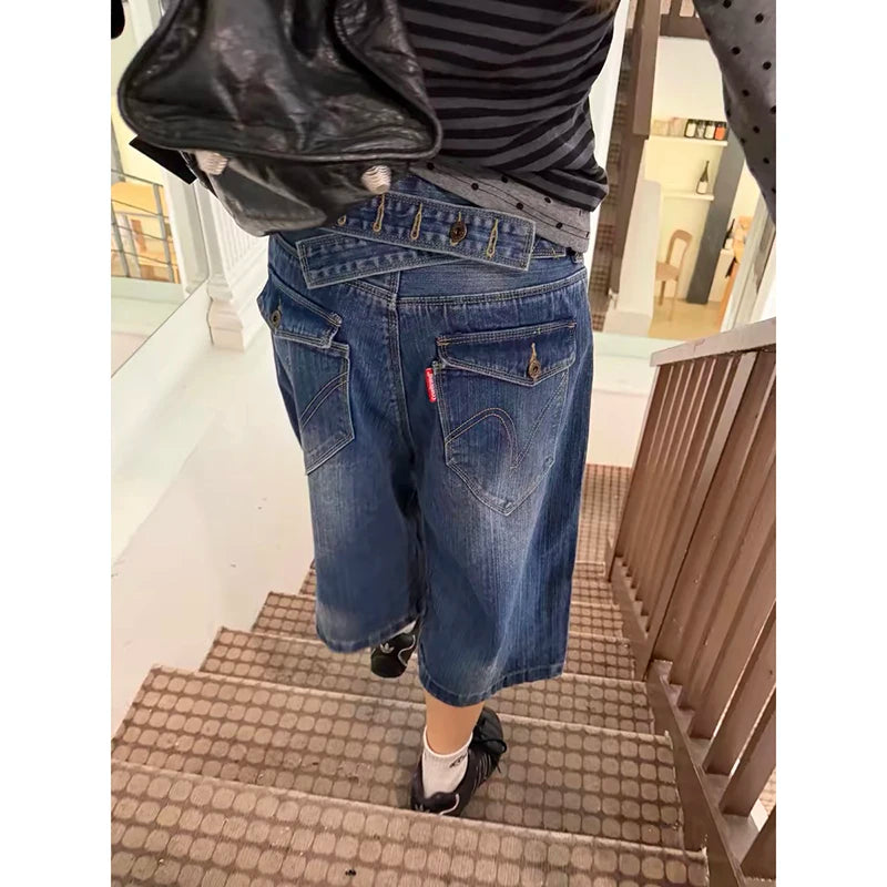 YIBASHU Women American Retro Embroidery Jorts Jeans Shorts Y2K 2000s Harajuku Calf-Length Denim Pant Japanese High Street Grunge