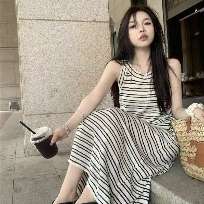 Summer Loose Casual Stripe Strap Dress Women's Knee-Length Beach Vacation Beach Long Skirt Slimming Stripe Knitted Dress