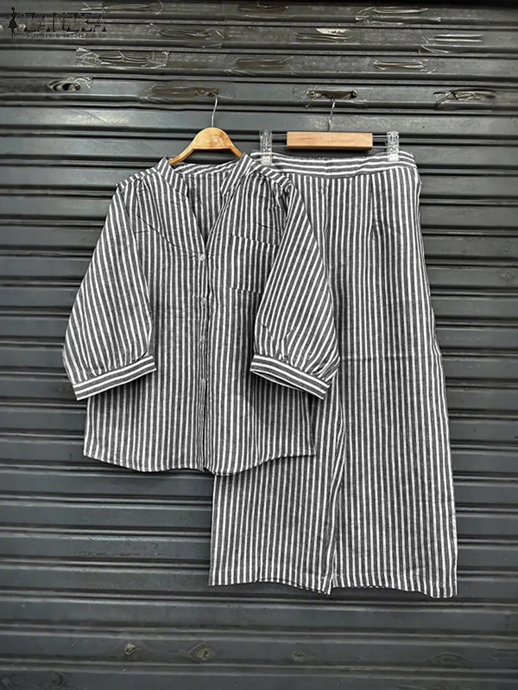 ZANZEA Vintage Women Matching Sets Elegant Striped Pant Sets 2025 Autumn V-Neck 3/4 Sleeve Shirts and Casual Long Pants 2PCS