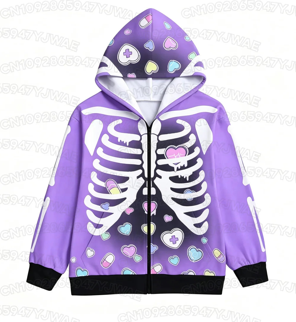 Women's Broken hearts Unisex Zipper Hoodie Rib Cage Spooky Cute Pastel Goth Menhera Halloween Creepy Cute Skeleton Hoodies