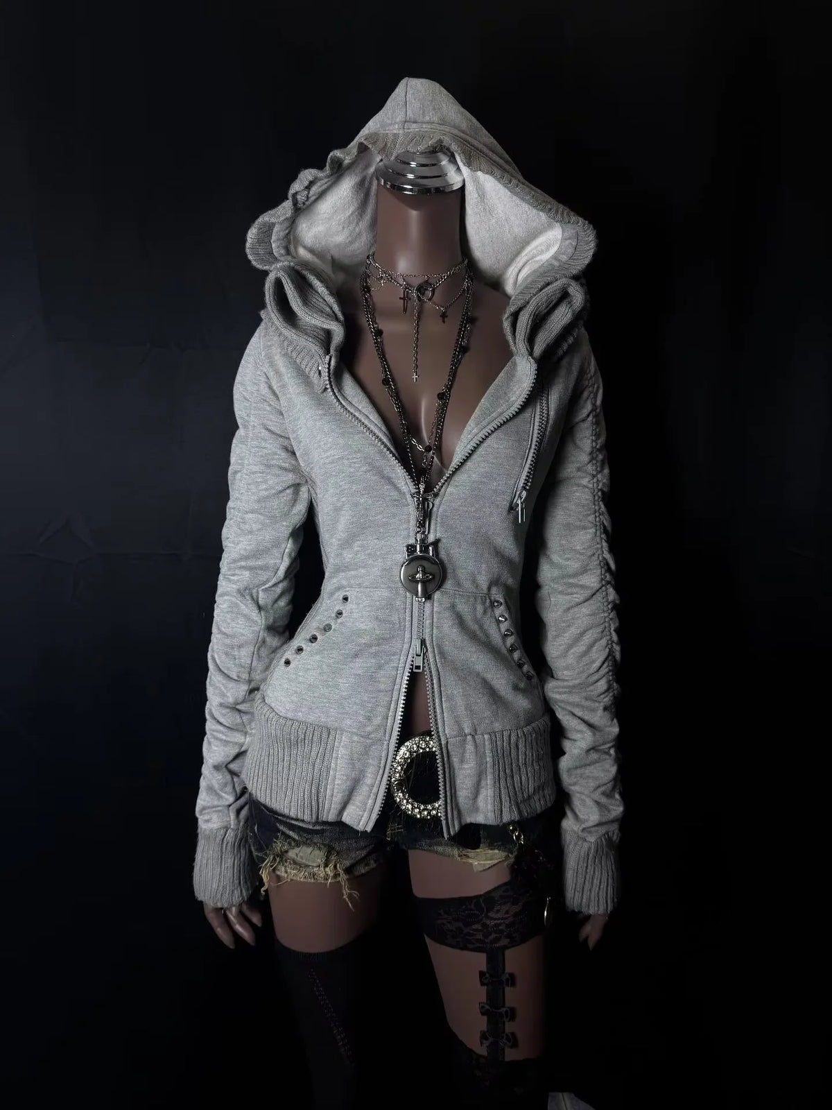 Gray Double Zip Up Slim Fit Classic Sweatshirts for Women's Harajuku Gothic Skulls Pattern Warm Hoodies Grunge Anime Hoodies