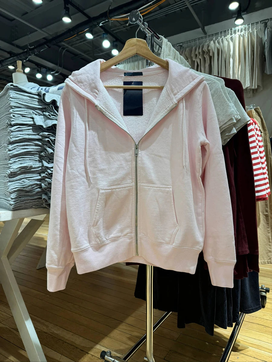 Pink Pocket Zip-up Hoodies Sweatshirt Women Autumn Long Sleeve Drawstring Cotton Hooded Sweet Casual Fashion Sport Outerwear Top