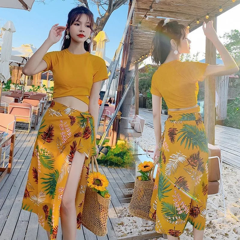 Tropical Two Piece Swimsuit Set with Yellow Short Sleeve Crop Top Tropical Print Wrap Skirt Modest Swimwear for Beach Vacation