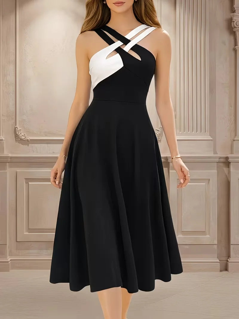 Womens Sexy Sleeveless Criss Cross Midi Patchwork Business Casual Party Fit And Flare A-Line Swing Dress