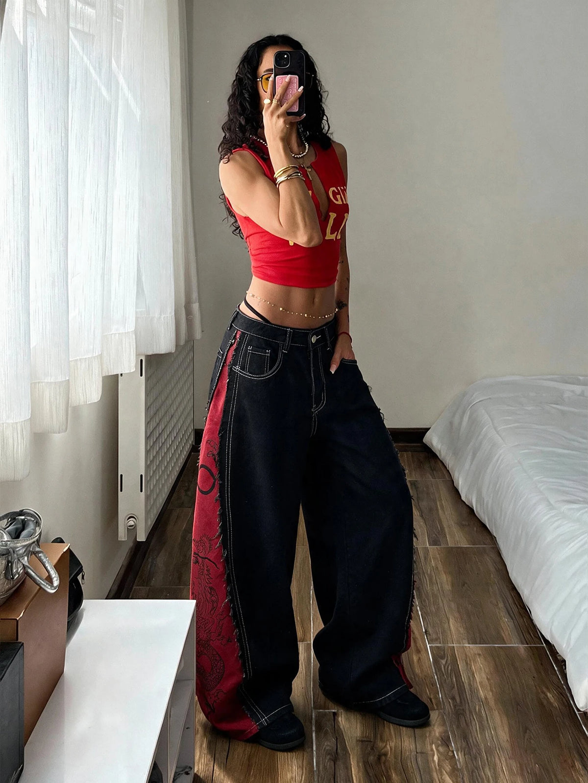 Jeans High Street Retro Black and Red Color-Blocked Print Design Black Baggy Jeans Y2K Street Fashion Versatile Women's Slimming Wide-Leg Pants