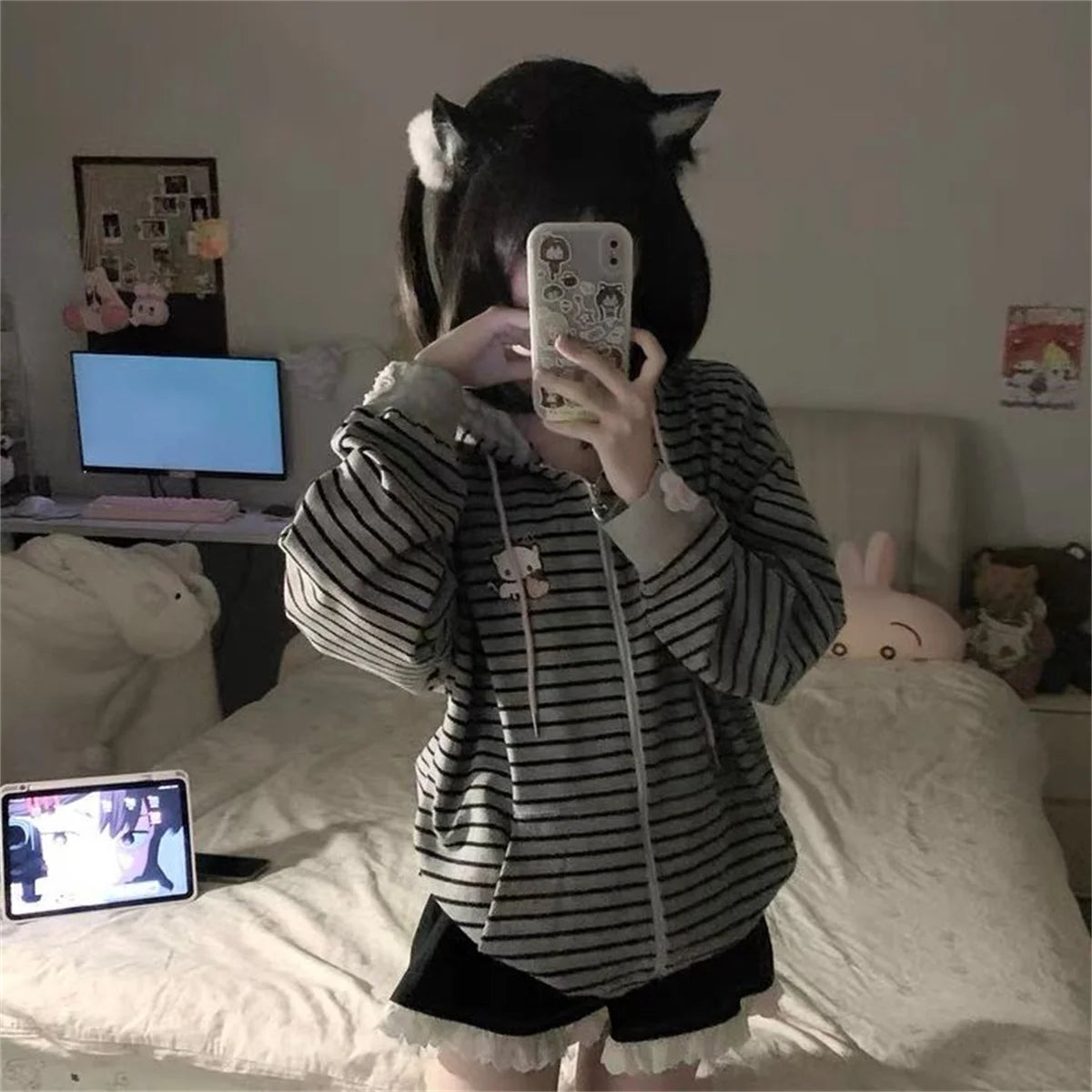 Cool Black Spring Women's Zipper Casual Long Sve Striped ort Coat Autumn Wear Street Sle Loose Fit Comfortable Femme Hoodie