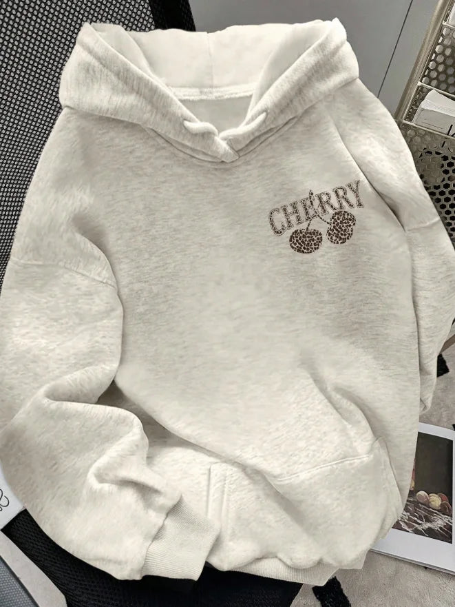 Sweatshirt 2026 Fashion New Arrival Letter Leopard Cherry Graphic Print Womens Pullover Hoodie Long Sleeve Casual Versatile Autumn Winter Sweatshirt Basic Top T Shirt