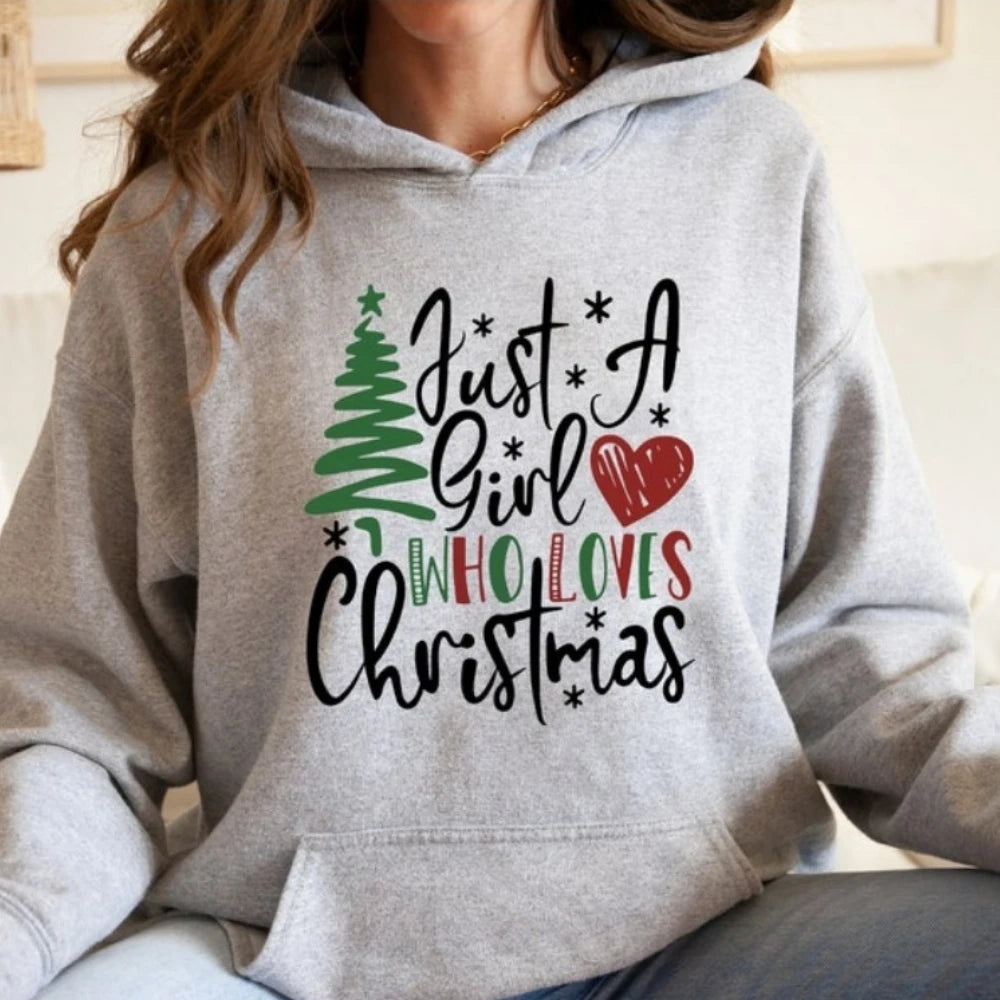 Just A Girl Who Loves Christmas Hoodie Holiday Winter Pullover Drop Shoulder Tracksuit Comfortable Personality Sportswear