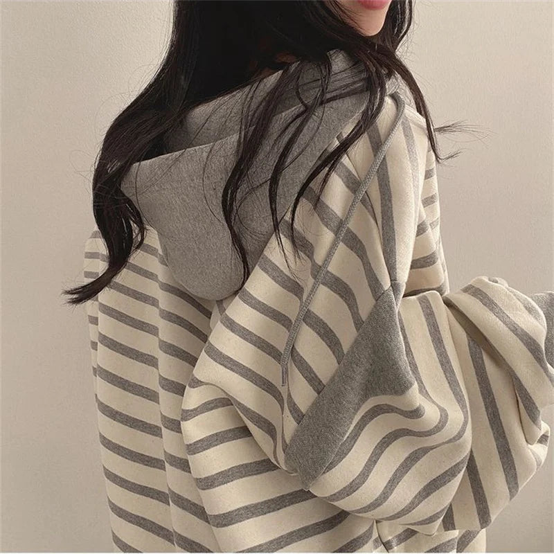Korean Fashion Striped Patchwork Loose Hoodies Women Autumn Casual Long Sleeve Hooded Shirt Streetwear Y2K Oversized Sweatshirt