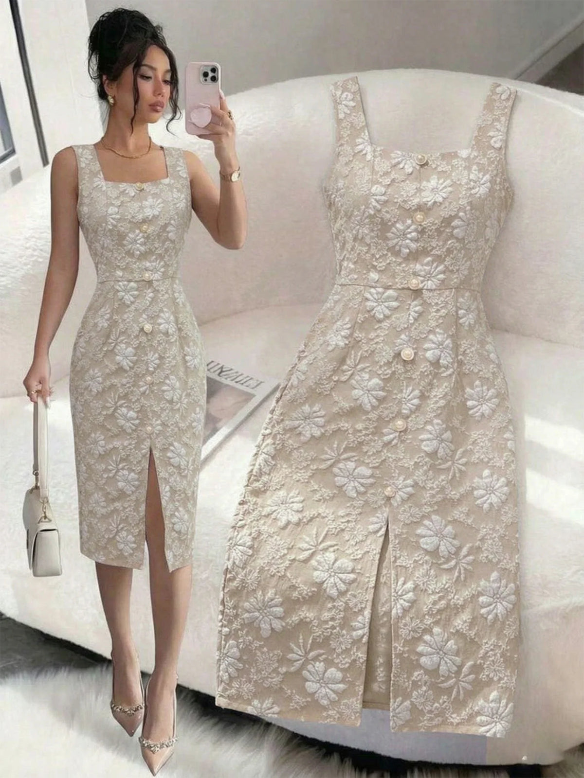Women's Square-Neck, Single-Breasted Jacquard Midi Skirt; Sleeveless, Slim-Fit, Slit, Hip-Hugging Dress.