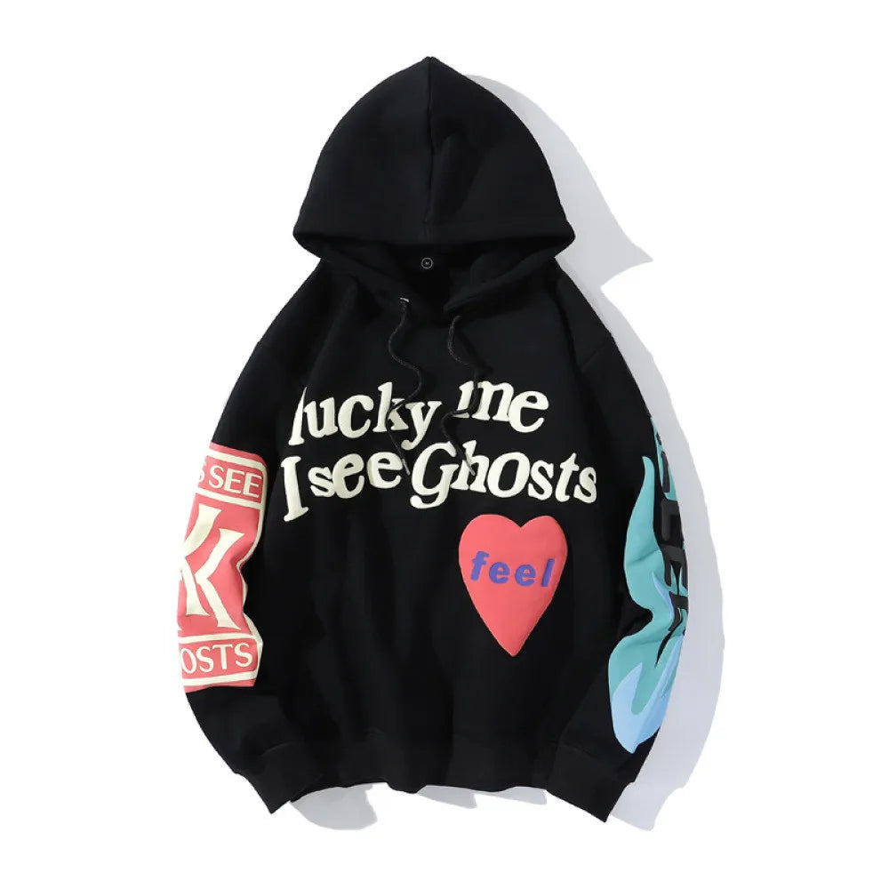 Lucky Me I See Ghosts Vintage Graphic Hoodies Graffiti Hoodie Cotton Pullover Foaming Technology