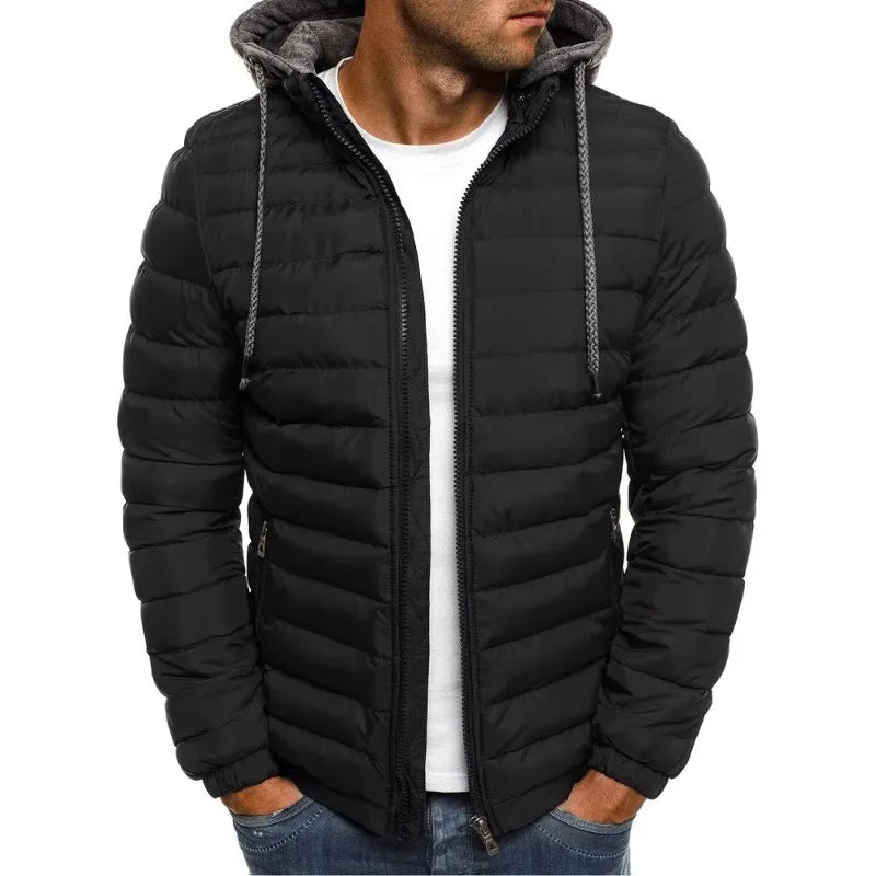 Korean Men Cotton Pad Parka Coat Autumn Winter Male Solid Warm Hooded Zip Up Hoodie Coats