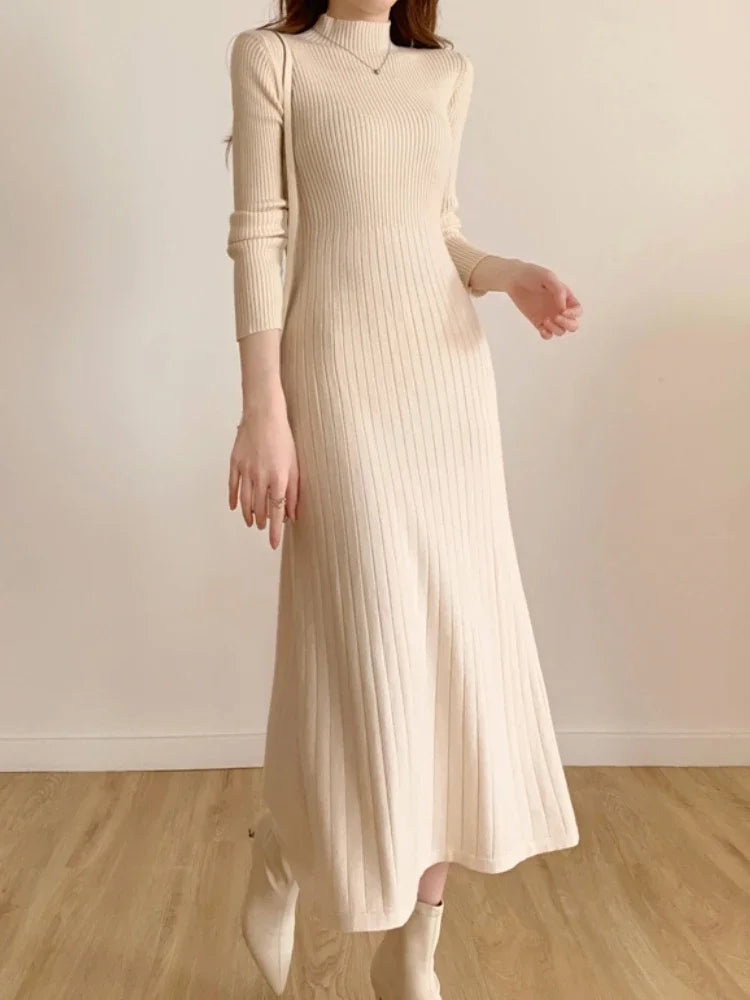 Autumn Winter 2024 Slim Long Sleeve Party Midi Dress for Women Knitted Half High Collar Elegant Knitted Sweater Dresses Ladies