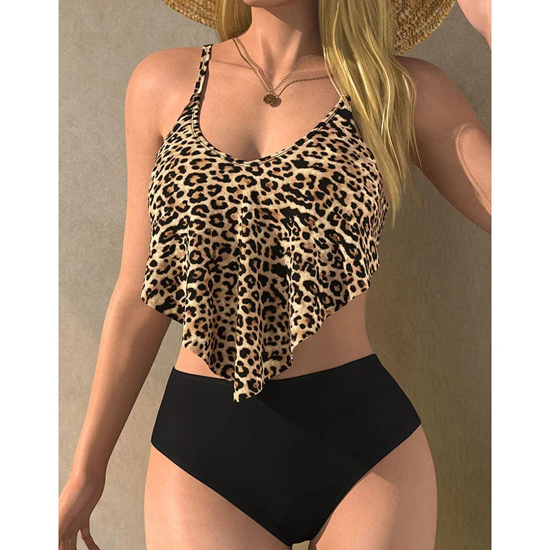 Two Piece Swimwear Leopard Print Ruffle High Waist Bathing Suit Women Summer Beachwear Tankini Style Swimsuit Bandage Bikini Set