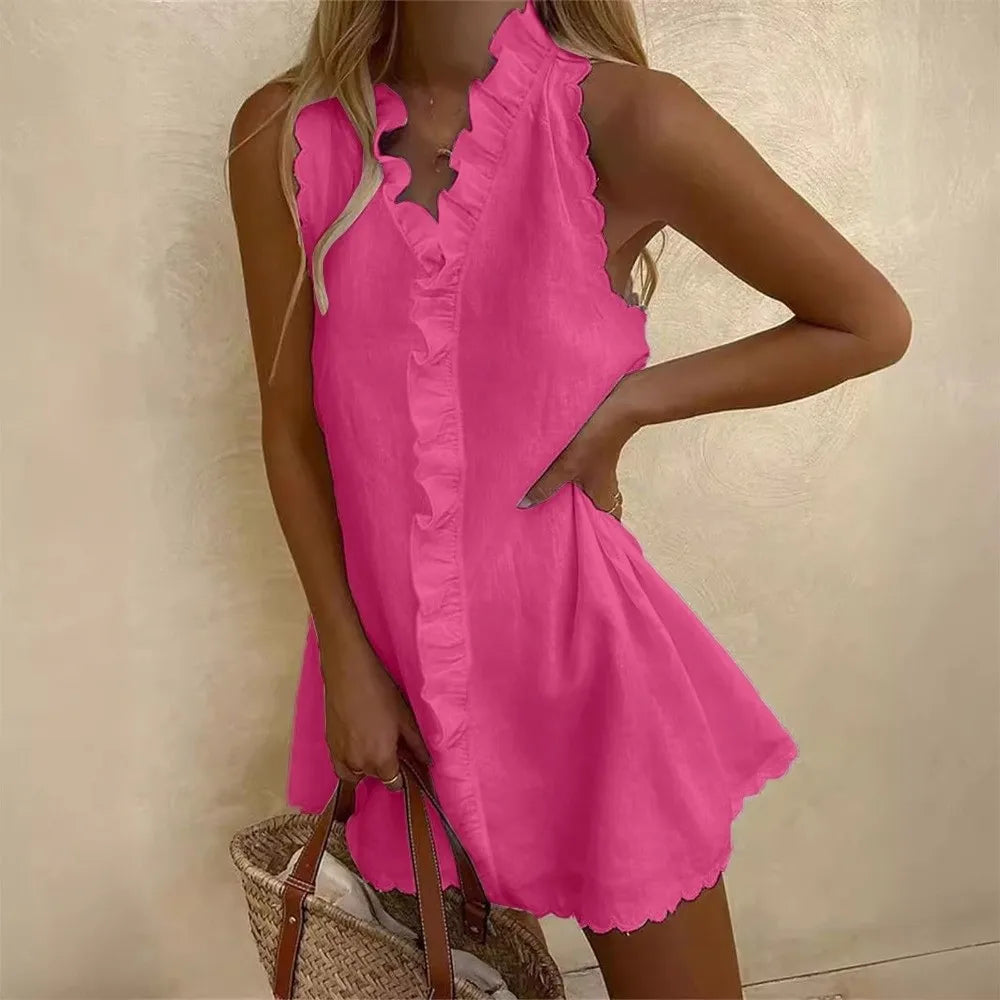 Breathable Cotton Linen Blend Mini Dress Sleeveless V Neck Casual Dress Ruffle Trim Scalloped Hem Summer Dress Brunch Dates