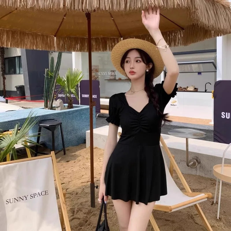 Women's V-neck Puff Short Sleeved One-piece Swimming Skirt with Ribbed Slim Fit Conservative Swimsuit Suitable for Beach Parties