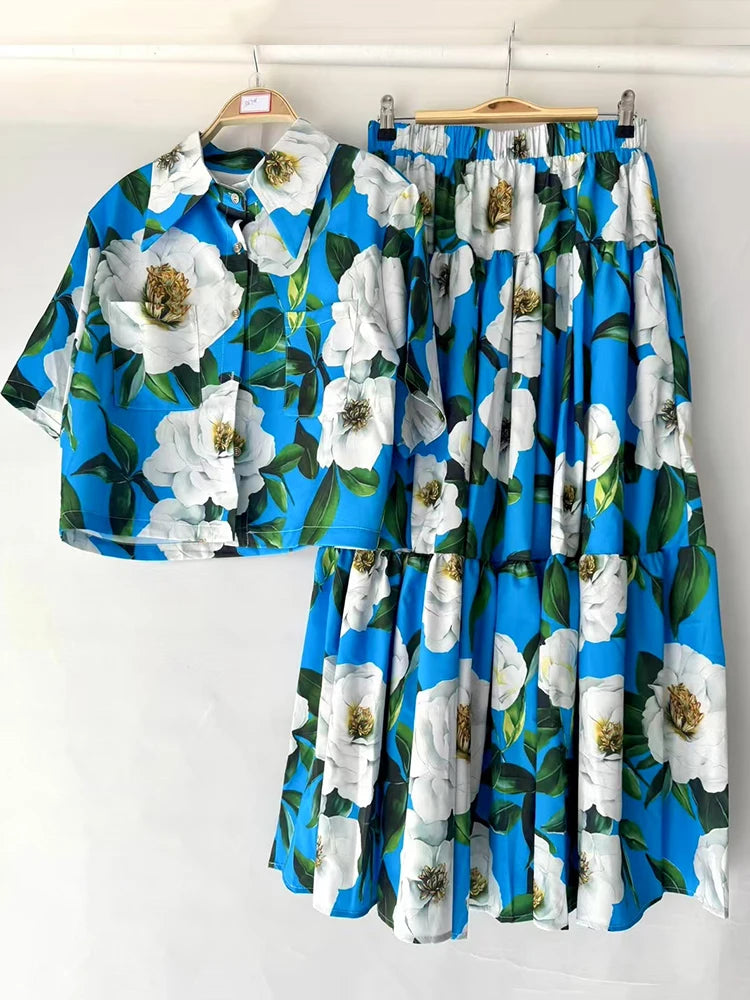 Set Women's Two-piece Skirt 2026 Summer Women's Clothing Retro Printed Lapel Short Shirt Two-piece Set + Loose Large Size Smocked Skirt Fashion Suit