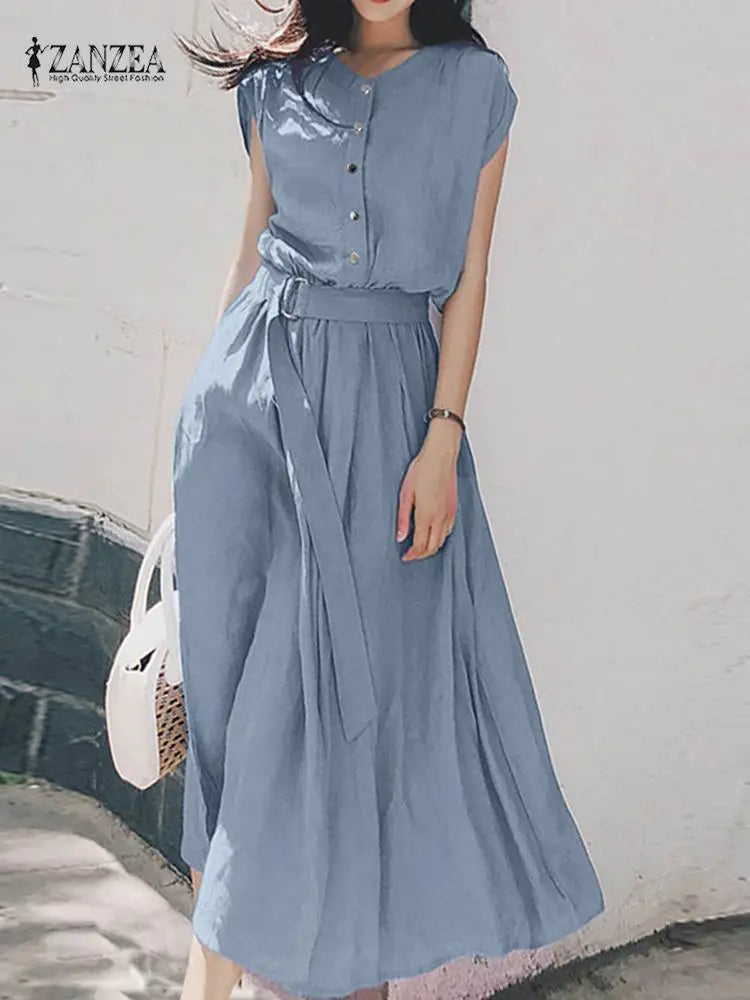 2025 ZANZEA Women Fashion Short Sleeve Dress Summer Elegant Party Vestidos Casual Mid-calf Sundress Femme Vintage OL Robe Kaftan