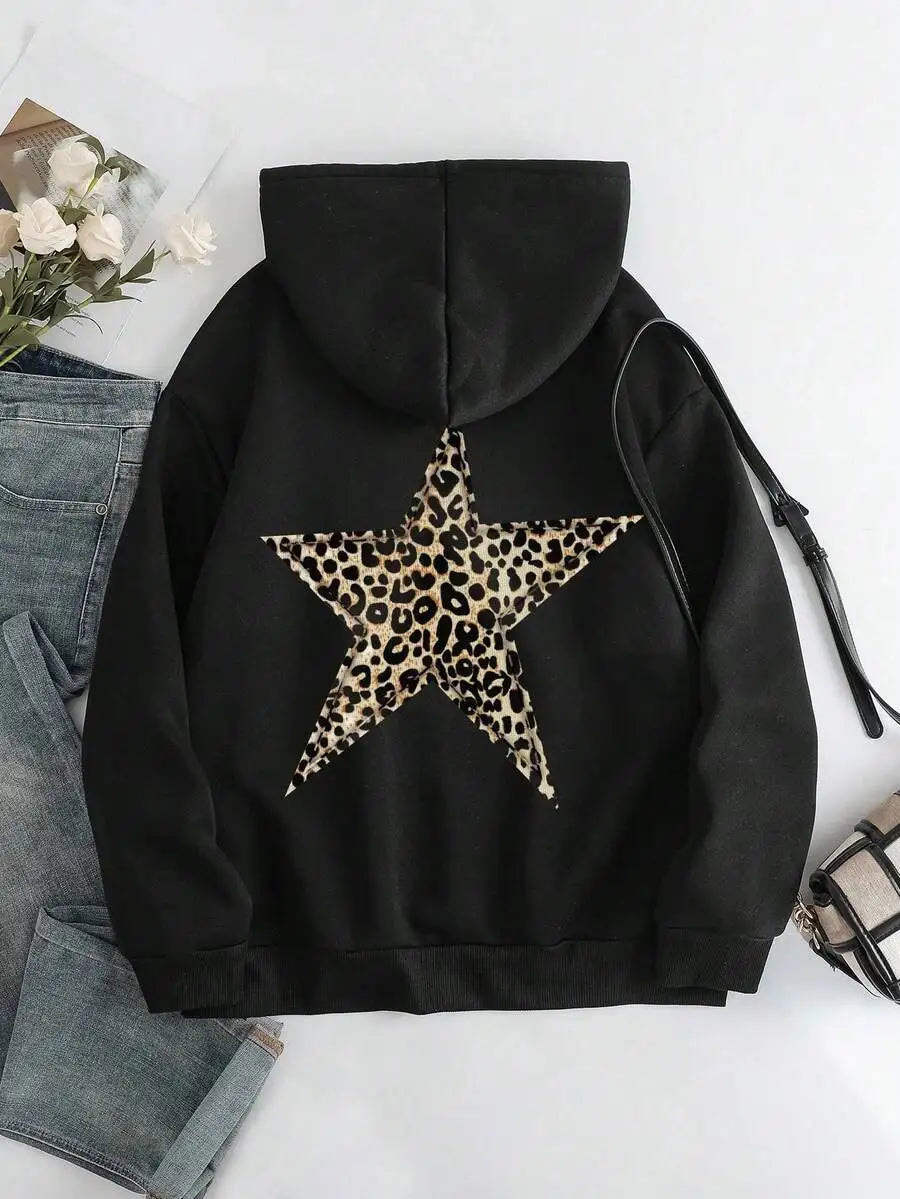 2026 Fashion New Arrival Leopard And Star Graphic Print Womens Crew Neck Long Sleeve Hoodie Casual Autumn Winter Sweatshirt Basic Top T Shirt