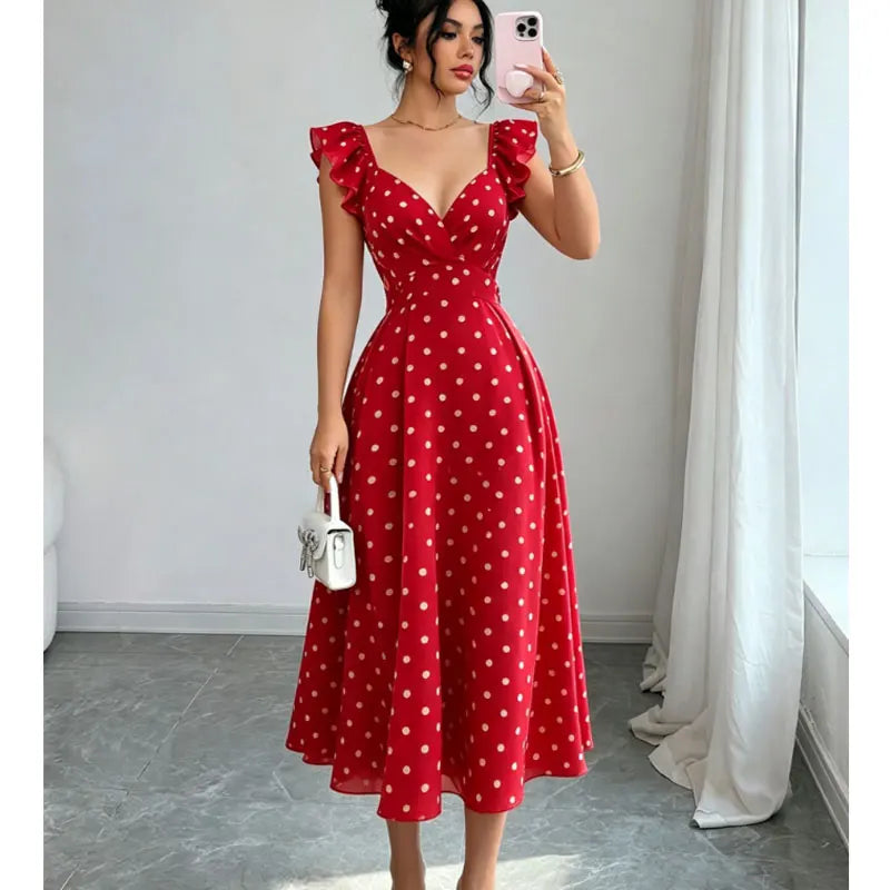 New Summer Sleeveless Dresses for Women V-Neck Women Dress Slim Dot Lace-up A-LINE Dress Women Vestidos De Verano Mujer