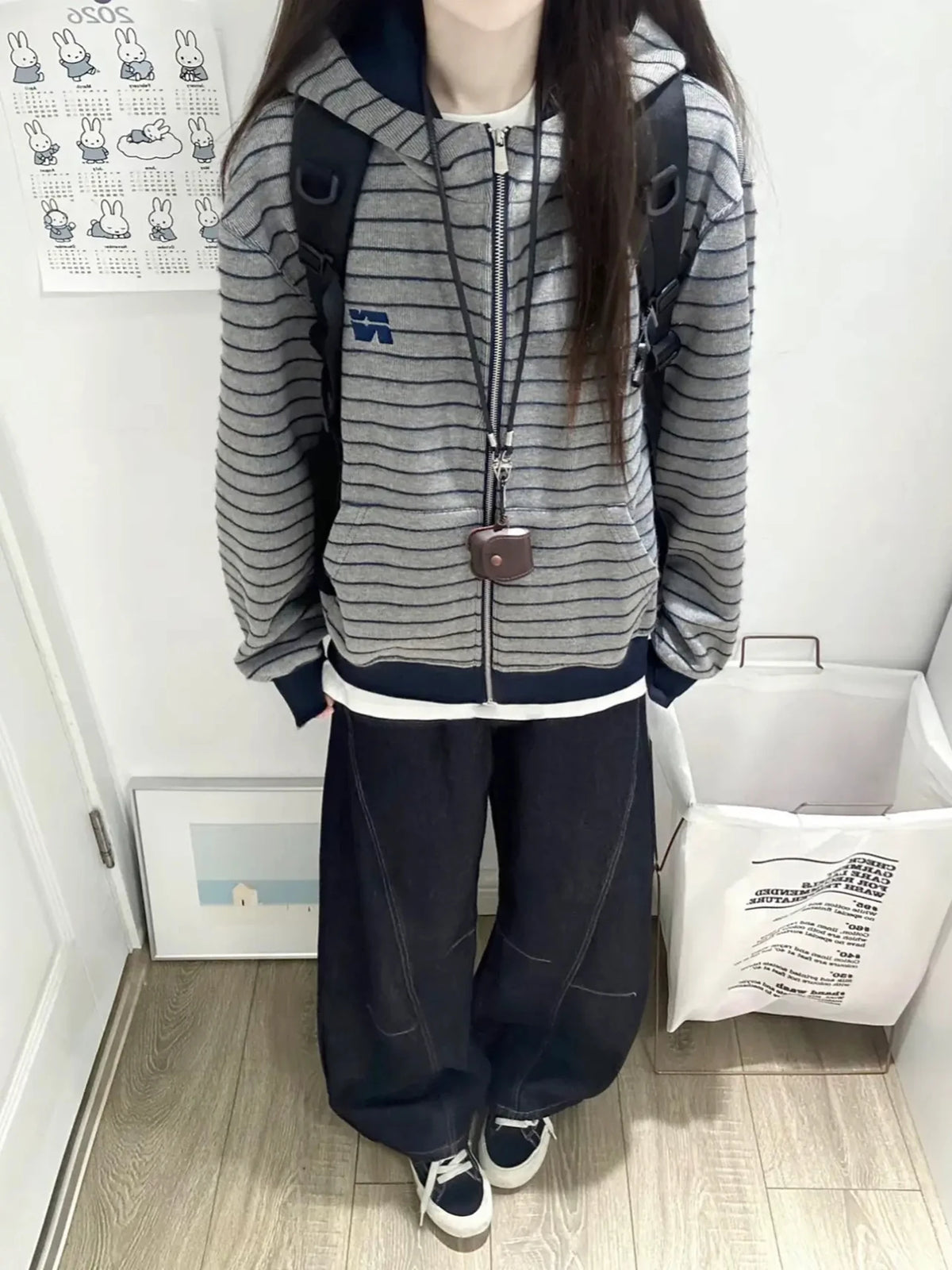 Sweatshirt Retro American Striped Embroidered Open Cardigan Sweatshirt Women Loose Lazy Style Couple Hooded Spring Autumn Trendy Jacket