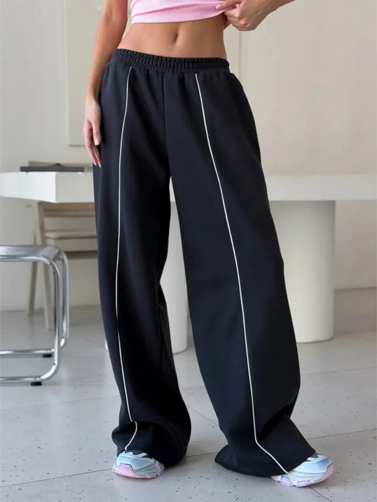 Matching Set Fashion Black Track Suit Jacket Two Piece Suit Women Zip Up Cinch Waist Coat Wide Leg Pants 2026 Autumn Lady Street Matching Set
