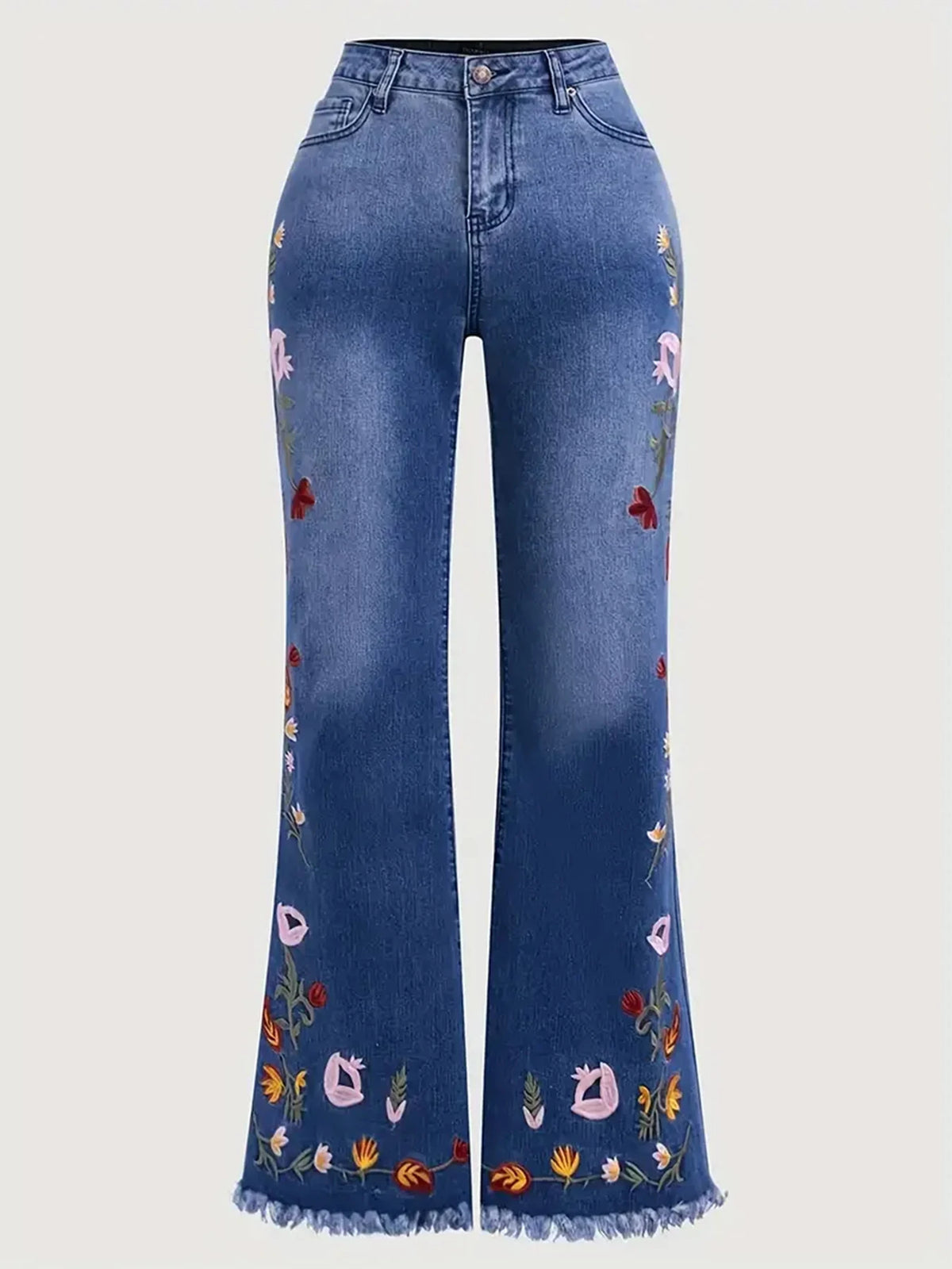 Women's High-Waisted Embroidered Bell-Bottom Jeans with Floral Patterns, Frayed Hem, Stone Washed Blue, Fitted Denim Long Pants