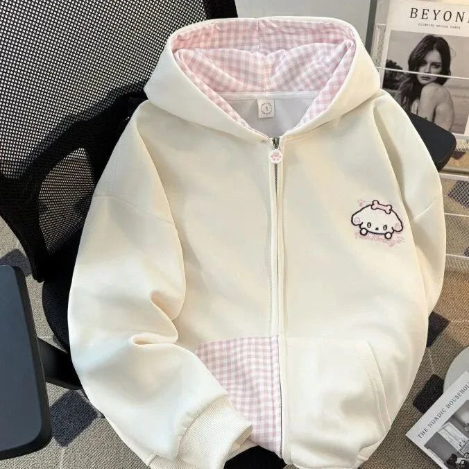 Zip Up Hoodie Coats Women's Clothing 2026 Hooded Patchwork Plaid Fashion Sweatshirts Ropa Mujer Dog Embroidery Casual Hoodies