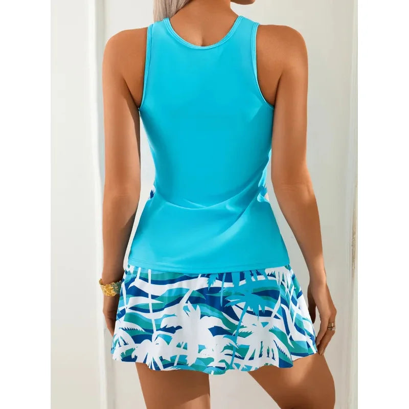 New 2026 Women's Blue Tankini Swimsuit Conservative High Waist Swim Shorts Floral Print Skirt Cover Up Modest Two-Piece Swimwear
