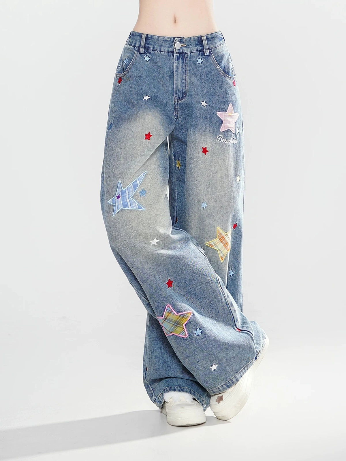 Casual Loose Wide Leg Jeans Women's Design Sense Star Embroidery Straight Street Style Blue Denim Pants Low Waist Zipper
