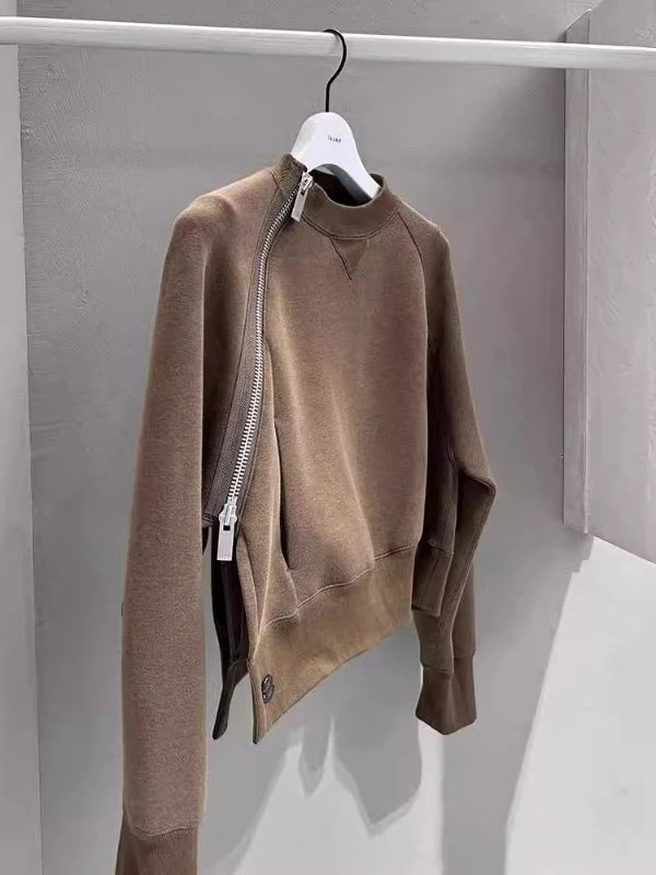 Sweatshirt High Quality Autumn 2026 Early Season Design Sensation Cold Toned High End Feel Diagonal Zipper Coffee Color Sweatshirt