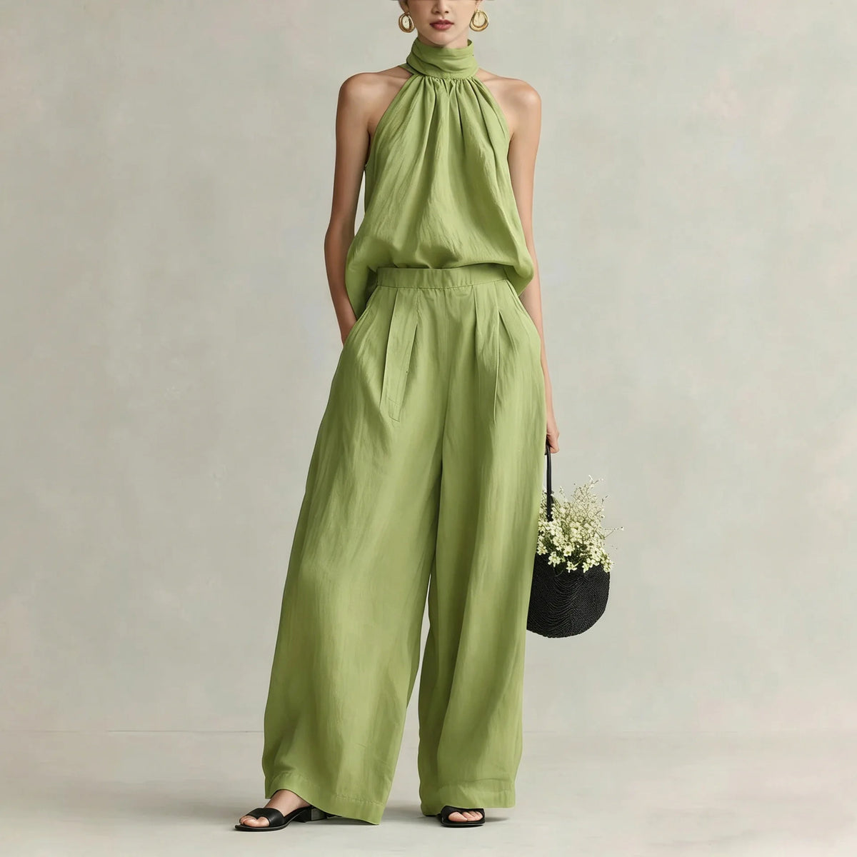 Women's 2026 Summer Style Sleeveless Neck-Hanging Top + High-Waisted Drapey Wide-Leg Pants Leisure Set