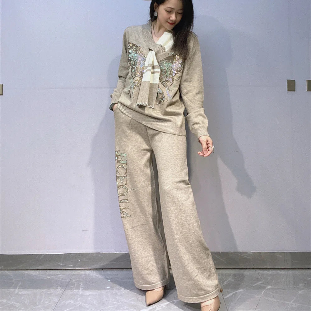 Y2k Rhinestone V Neck Knit Top With Scarf Decor Wide Leg Pants 2pcs Set Women's Loose Long Sleeves Luxury Casual Matching Outfit